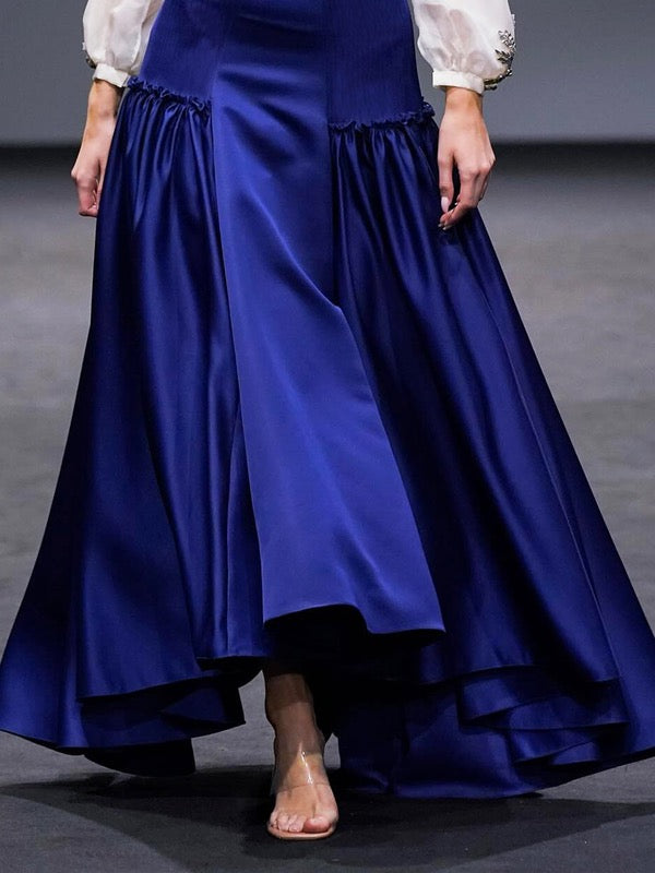 Belted Pleated Solid Color Split-Joint A-Line Loose Skirts Bottoms