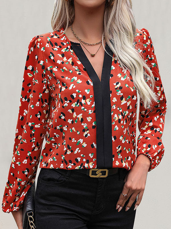 Contrast Color Elasticity Printed Split-Joint Long Sleeves Loose V-Neck Blouses&Shirts Tops