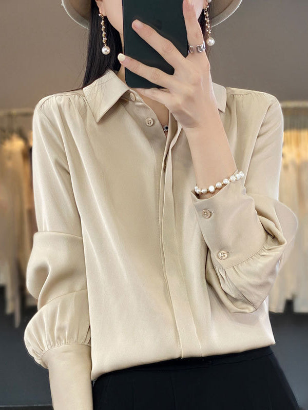 Buttoned Pleated Solid Color Long Sleeves Loose Lapel Blouses&Shirts Tops