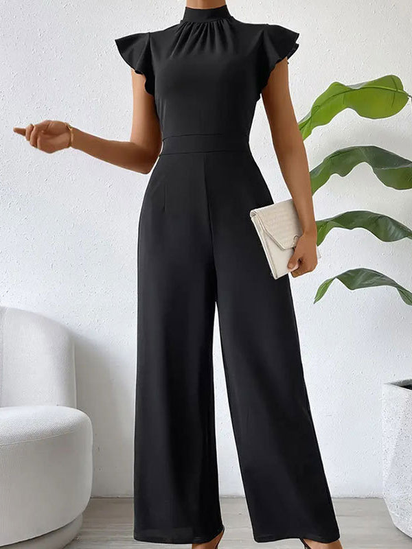 Pleated Ruffled Solid Color High Waisted Loose Mock Neck Jumpsuits