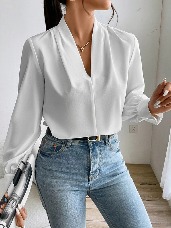 Pleated Solid Color Split-Joint Long Sleeves Loose V-Neck Blouses&Shirts Tops