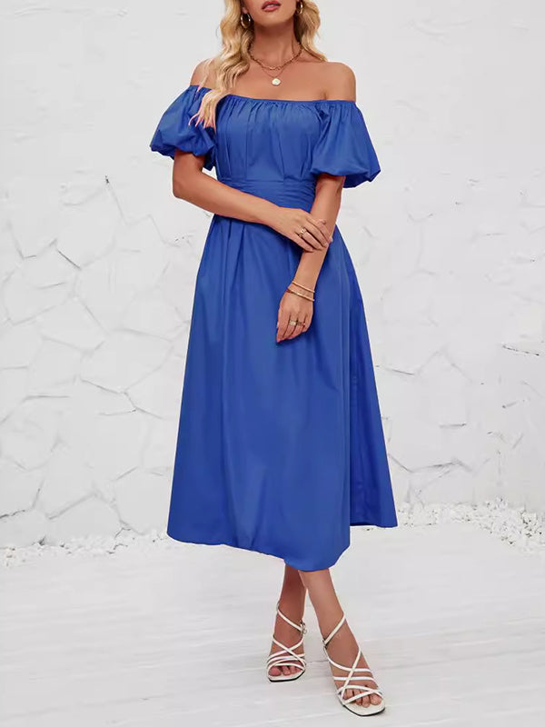 Elasticity Pleated Solid Color Split-Joint Loose Puff Sleeves Off-The-Shoulder Midi Dresses