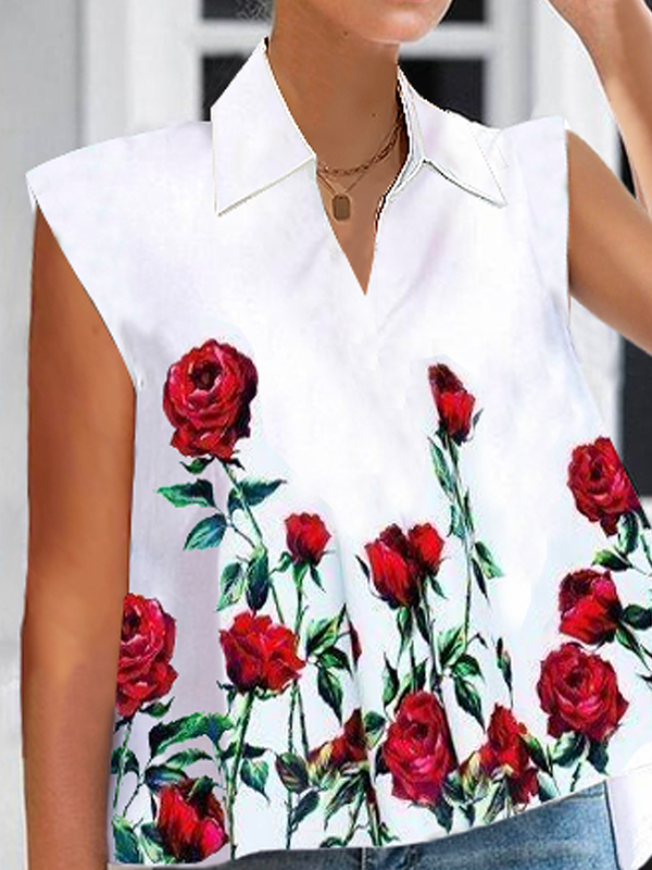 Flower Print Split-Joint A-Line High-Low Lapel Blouses&Shirts Tops