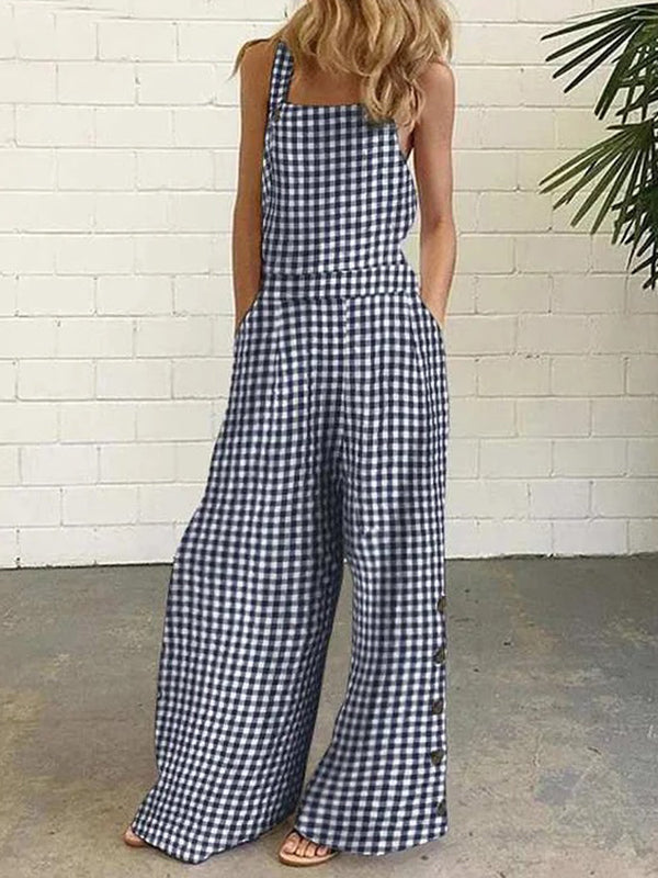 Buttoned Plaid Pockets Relaxed Fit Sleeveless Collarless Overalls