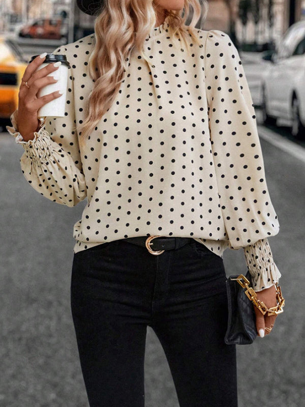 Elasticity Hollow Pleated Polka-Dot Long Sleeves Loose Mock Neck Blouses&Shirts Tops