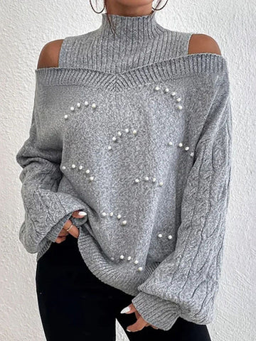 Beaded Hollow Long Sleeves Loose High Neck Sweater Tops