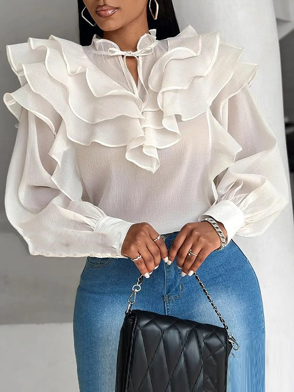 Floral Gauze Lace-Up Pleated See-Through Solid Color Loose Puff Sleeves Stand Collar Blouses