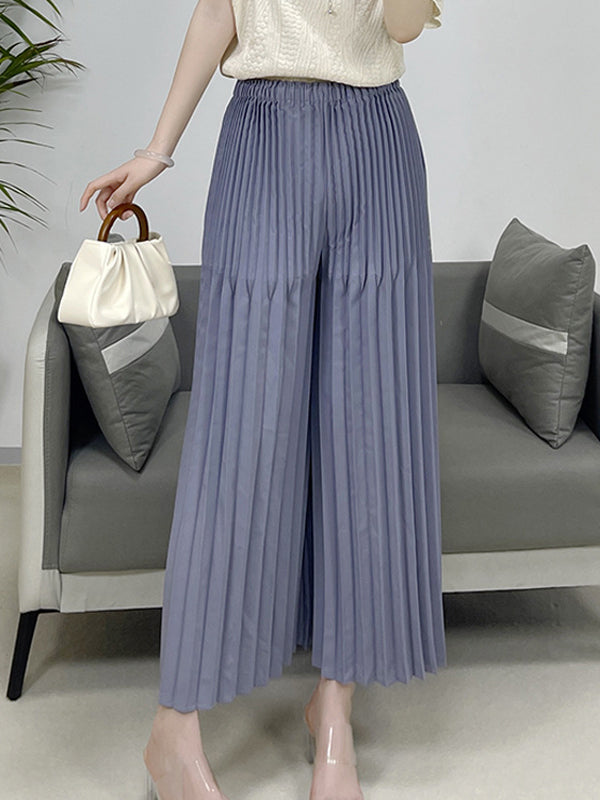 Elasticity Pleated Solid Color Split-Joint High Waisted Loose Trousers Pants