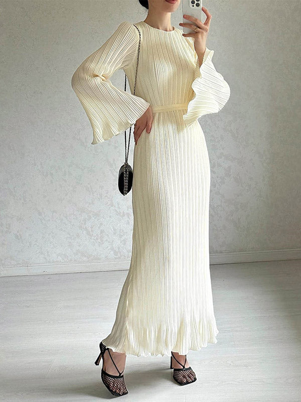 Pleated Solid Color Flared Sleeves Long Sleeves Round-Neck Maxi Dresses