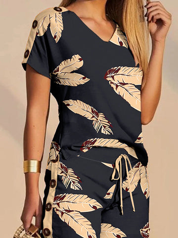 Leaves Print Split-Joint Loose Short Sleeves Buttoned Drawstring Split-Side V-Neck T-shirt Top + Shorts Bottom Two Pieces Set