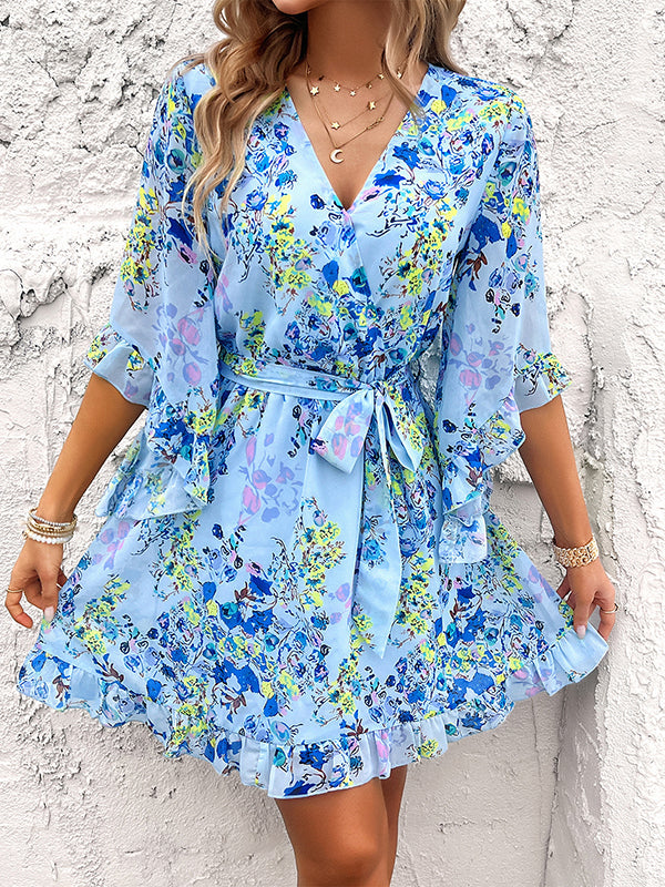 Flower Print Ruffle Trim Split-Joint Tied Waist Flared Sleeves Half Sleeves V-neck Mini Dresses