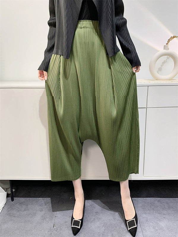 Elasticity Pleated Solid Color Split-Joint Harem Pants High Waisted Trousers Pants Ninth Pants