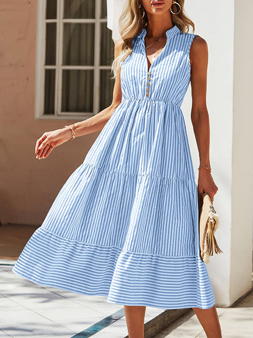 Buttoned Split-Joint Striped A-Line High Waisted V-Neck Midi Dresses