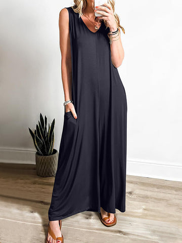 Pockets Plain Relaxed Fit Sleeveless V-neck Jumpsuits