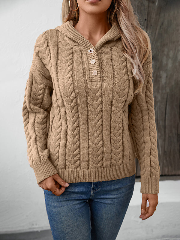 Buttoned Solid Color Split-Joint Hooded Long Sleeves Sweater Tops