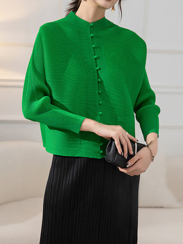 Buttoned Pleated Pockets Solid Color Long Sleeves Loose Round-Neck Outerwear