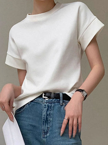 Solid Color Loose Short Sleeves Round-Neck T-Shirts Tops