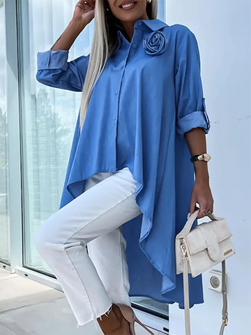 Buttoned Pockets Solid Color Half Sleeves High-Low Lapel Blouses&Shirts Tops