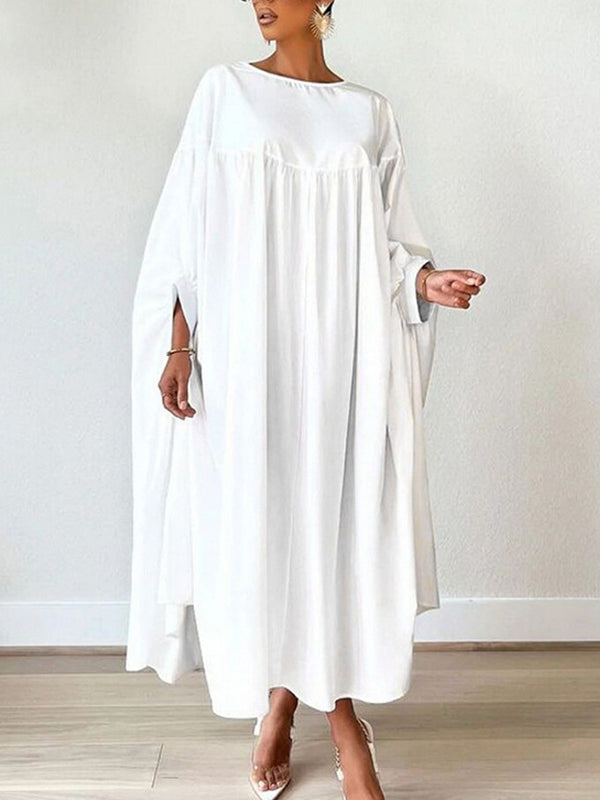 Pleated Solid Color Split-Joint Batwing Sleeves Loose Round-Neck Maxi Dresses