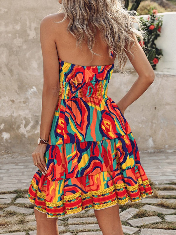 Color-Block Contrast Color Elasticity Split-Joint Loose Sleeveless Halter-Neck Mini Dresses