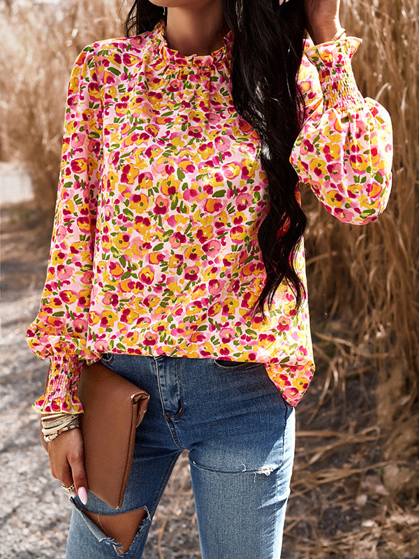 Elasticity Flower Print Ruffled Long Sleeves Loose Mock Neck Blouses&Shirts Tops