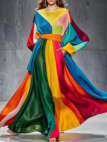 Colorful Contrast Color Pockets Tied Waist A-Line Long Sleeves Round-Neck Maxi Dresses