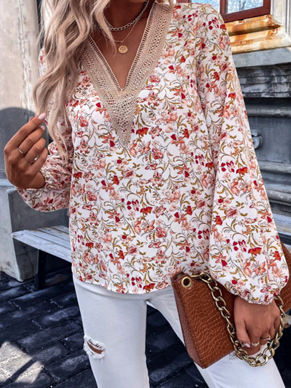 Elasticity Flower Print Split-Joint Long Sleeves Loose V-Neck Blouses&Shirts Tops