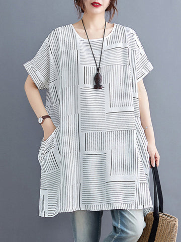 Plaid Striped Loose Short Sleeves Round-Neck T-Shirts Tops