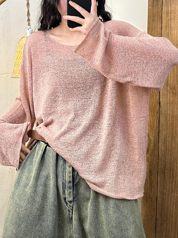 See-Through Solid Color Split-Joint Long Sleeves Loose Round-Neck T-Shirts Tops