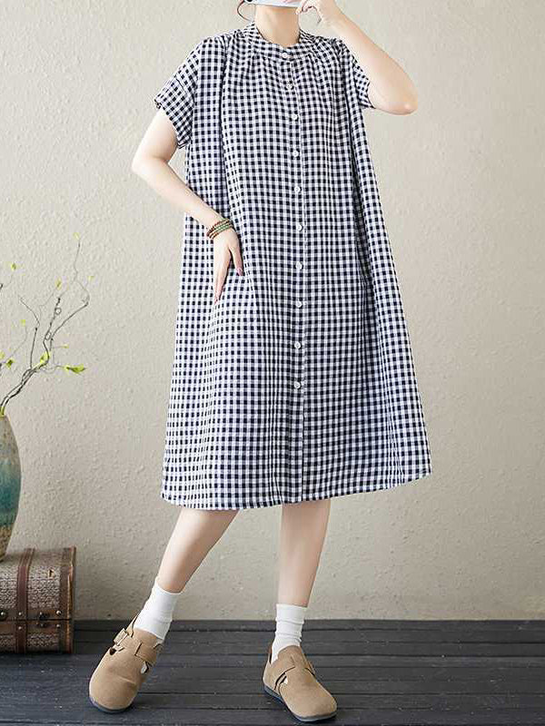 Buttoned Plaid A-Line Half Sleeves Round-Neck Midi Dresses