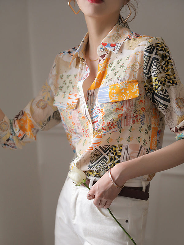 Buttoned Pockets Printed Long Sleeves Loose Lapel Blouses&shirts Tops