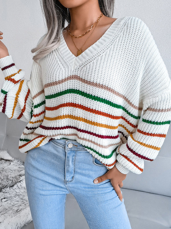 Contrast Color Split-Joint Striped Long Sleeves Loose V-neck Sweater Tops Pullovers