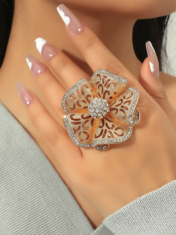 Adjustable Flower Shape Hollow Rhinestone Rings Accessories