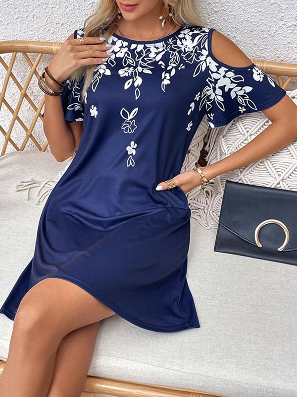 Flower Print Hollow A-Line Loose Cold Shoulder Mini Dresses