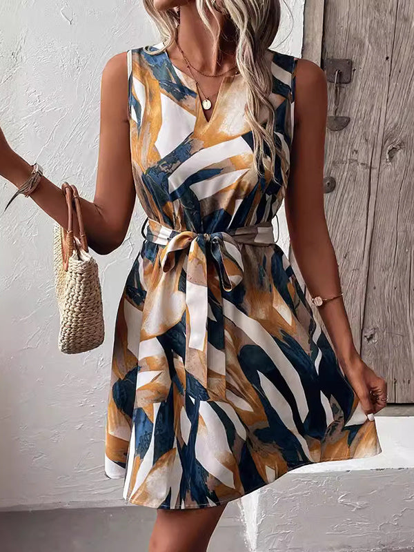 Printed Tied Waist A-Line Roomy V-Neck Mini Dresses