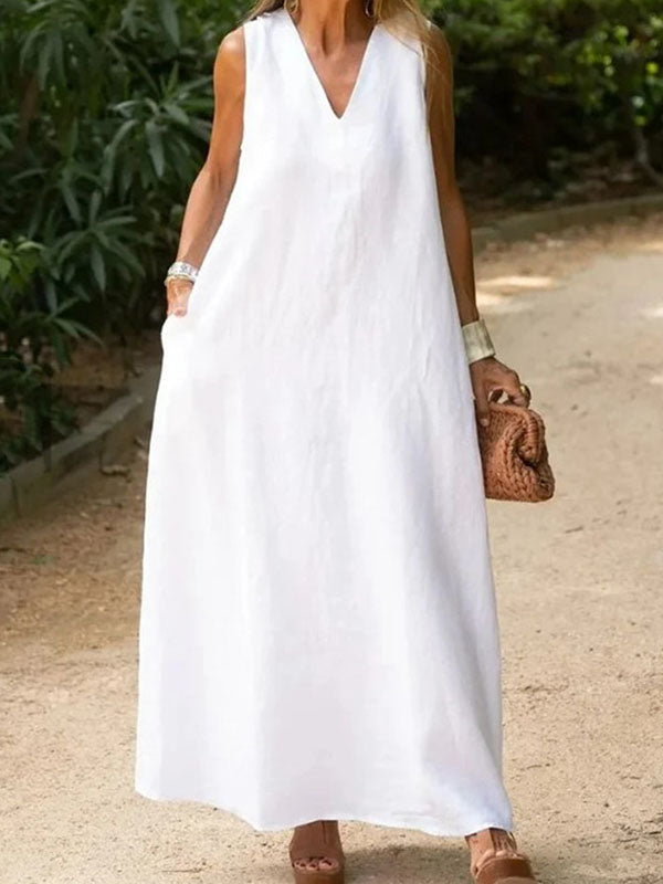 Pockets Solid Color Loose Sleeveless V-Neck Maxi Dresses