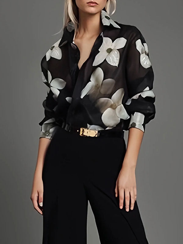 Floral Printed Long Sleeves Loose Lapel Blouses