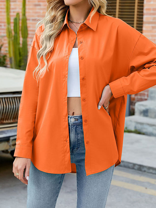 Buttoned Solid Color Split-Joint Long Sleeves Loose Lapel Blouses&Shirts Tops