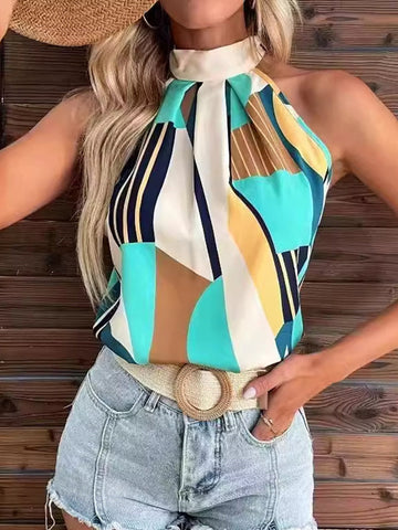 Pleated Printed Loose Sleeveless Halter-Neck Vest Top