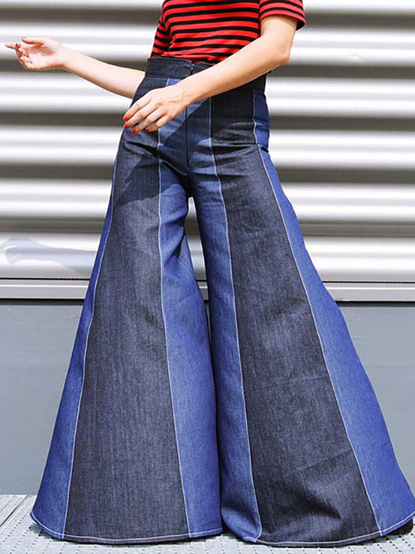 Contrast Color Zipper High Waisted Loose Jean Pants Bottoms Flared Trousers