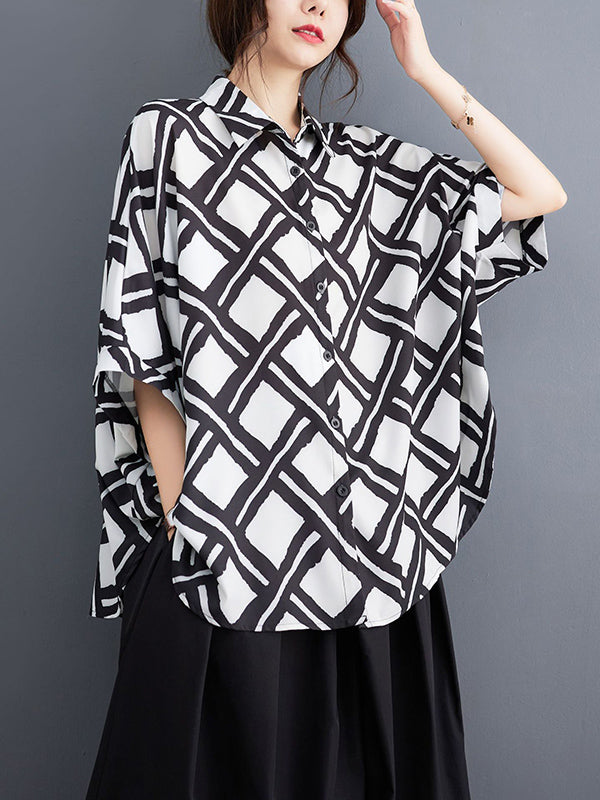 Buttoned Plaid Printed Batwing Sleeves High-Low Lapel Blouses&Shirts Tops