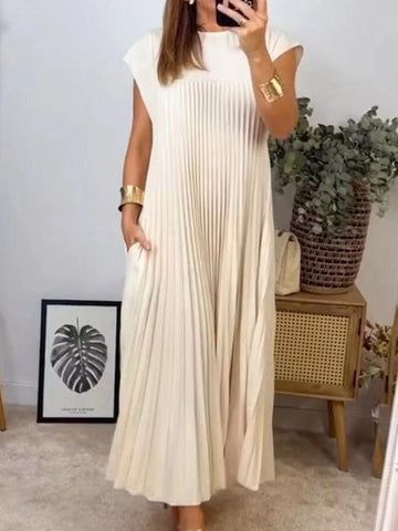 Pleated Pockets Solid Color Split-Joint A-Line High Waisted Round-Neck Maxi Dresses