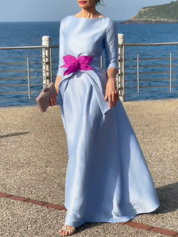 Solid Color Tied Waist Three-Quarter Sleeves Boat Neck Maxi Dresses