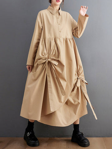 Buttoned Pleated Pockets Solid Color Tied A-Line Long Sleeves Lapel Shirt Dress Midi Dresses