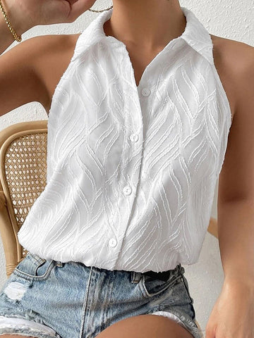 Jacquard See-Through Solid Color Sleeveless Lapel Blouses&Shirts Tops