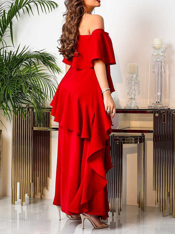 Layered Ruffled Solid Color Split-front One-shoulder Maxi Dresses