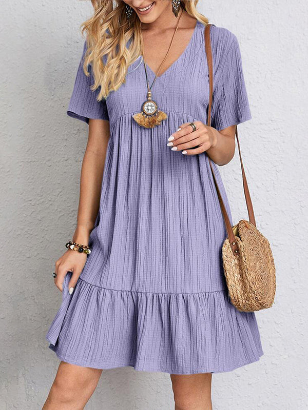 Pleated Solid Color Split-Joint A-line Loose V-neck Mini Dresses