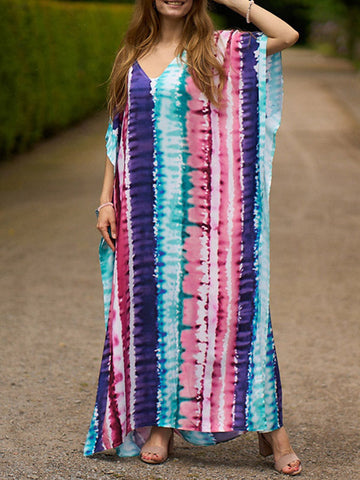 Contrast Color Printed Split-Side Batwing Sleeves Loose V-Neck Maxi Dresses Beach Cover-Up