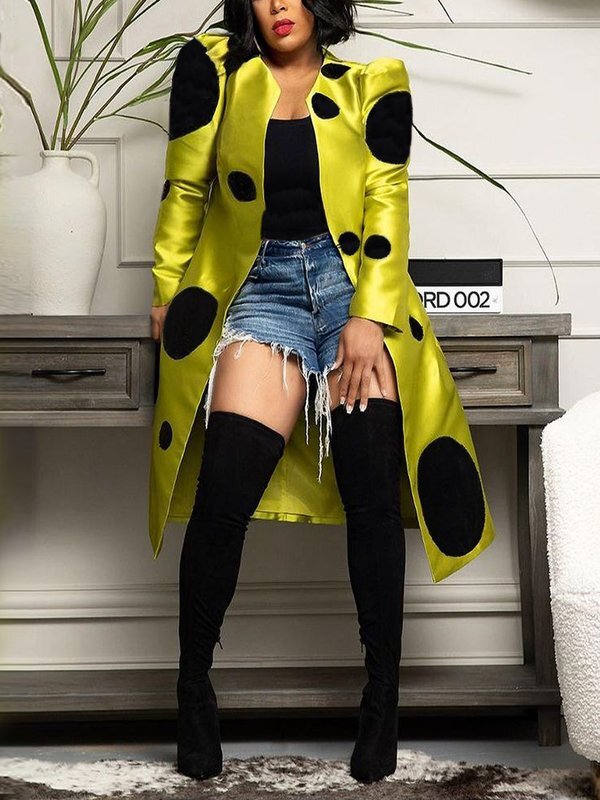 Pleated Polka-Dot Split-Joint Long Sleeves Loose Round-Neck Outerwear