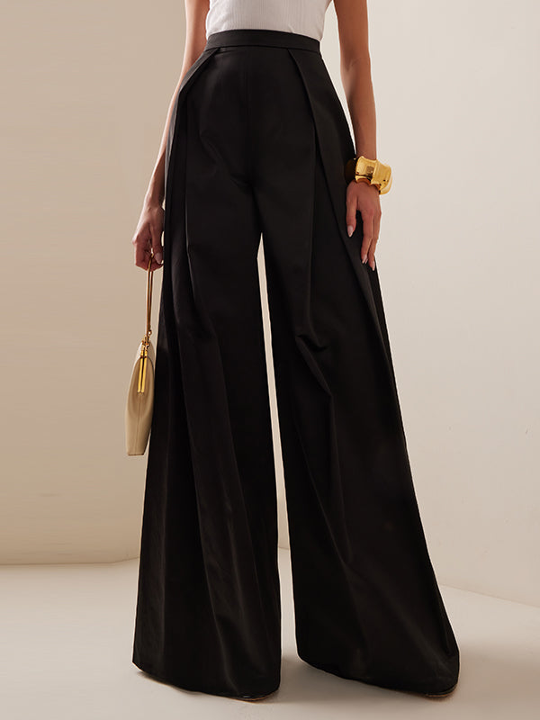 Pleated Solid Color Split-Joint High Waisted Loose Trousers Suit Pants Pants